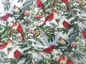 Red Cardinals and Evergreen Fabric 2 Yards - Picture 1 of 1