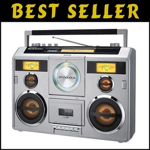 Stylish Silver Boombox: Bluetooth, CD Player & Am-FM Radio with Light Effects - Picture 1 of 8