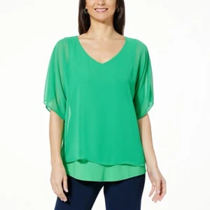 Nina Leonard V-Neck Chiffon Overlay Top Bright Green size 1X NWT - Picture 1 of 12