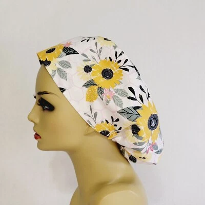 Yellow, Floral, Euro Style, Women Scrub Hat, Surgical Cap, Nurses Hat, Medical - Image 1 of 4
