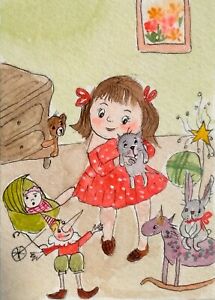 Original ACEO Miniature Watercolor Painting  "Girl.toys.games.childhood.infancy