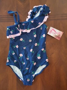 Kanu Surf Girls' Big Morgan Floral Ruffle One-Shoulder 1-Piece Swimsuit, Navy, 1 - Picture 1 of 3