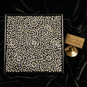Black Marble Tabletop White Mother of Pearl Floral Inlay Square 36" - Picture 1 of 12