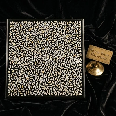 Black Marble Tabletop White Mother of Pearl Floral Inlay Square 36" - Image 1 of 4