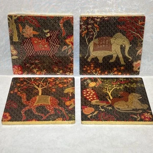 Pierre Frey Le Jardin De Mysore Lacquerware 4 Coaster Set by Caspari Gold Leaf - Picture 1 of 19