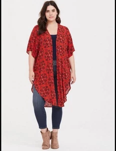 Cardigan kimono floreale torrido aperto davanti rosso nero taglie forti 00/0 - Foto 1 di 6