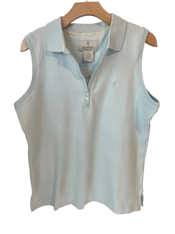 Blusa regata feminina Browning sem mangas XL azul gola V com botão nova com etiquetas - Imagem 1 de 4