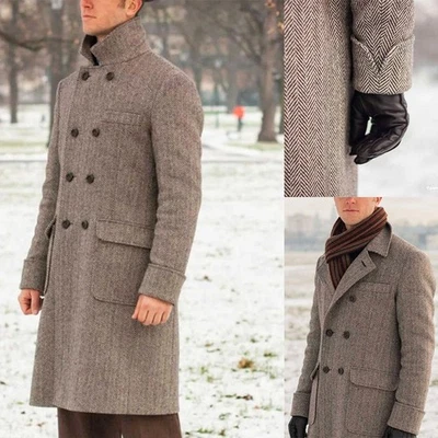 Herringbone Wool Blend Tweed Men Overcoat Long Coats Double Breasted Notch Lapel - Image 1 of 4