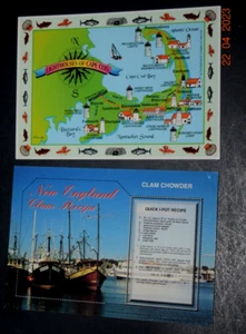 PAIR VTG, MASSACHUSETTS POSTCARDS: "Clam Chowder and Cape Cod Map," New, T-55A - Picture 1 of 4