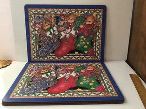 Pimpernel Lucy Rigg Vintage Natale Orsacchiotti Tovagliette Sughero Back ~ Set di 4 - Foto 1 di 9