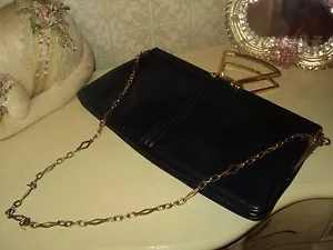 VINTAGE 70s NAVY BLUE GENUINE LEATHER HANDBAG PURSE *METALLIC HANDLES-CHAIN - Picture 1 of 3