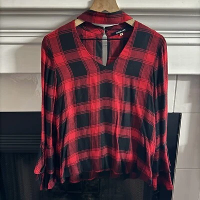 Red Buffalo Plaid Bell Sleeve Front Cut Out Long Sleeve Top Size Small - Image 1 of 4