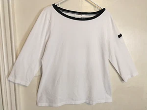 Chicos Weekends Womens Blouse 2 L 12 White Blue Shirt Top Pocket 3/4 Sleeve - Picture 1 of 5