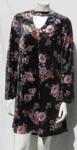 BOBEAU Stretch Velour Velvet Floral Print Dress Bell Sleeves Black US S M Retro - Picture 1 of 5