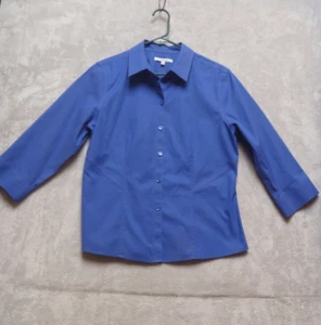 FOXCROFT Blouse Top Women size14P Royal Blue 3/4 Sleeve Career Petite Button up - Picture 1 of 6