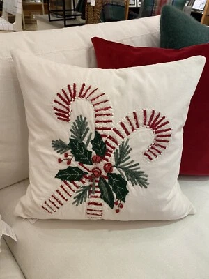 NEW Pottery Barn Candy Cane Christmas Embroidered Velvet Pillow Cover 20" NWT - Image 1 of 4
