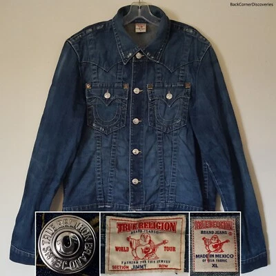 True Religion JIMMY Distressed 马蹄蓝色牛仔女式 XL 卡车司机夹克 — 第 1/4 张图片