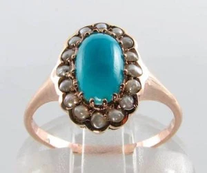 9K 9CT ROSE GOLD PERSIAN TURQUOISE PEARL ART DECO INS CLUSTER RING FREE RESIZE - Picture 1 of 5