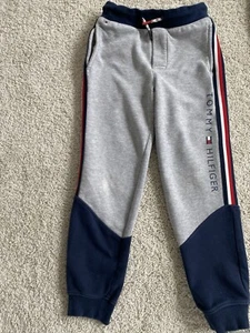 Tommy Hilfiger Boys Fleece sweatpants joggers gray navy side stripes size 8-10 - Picture 1 of 10