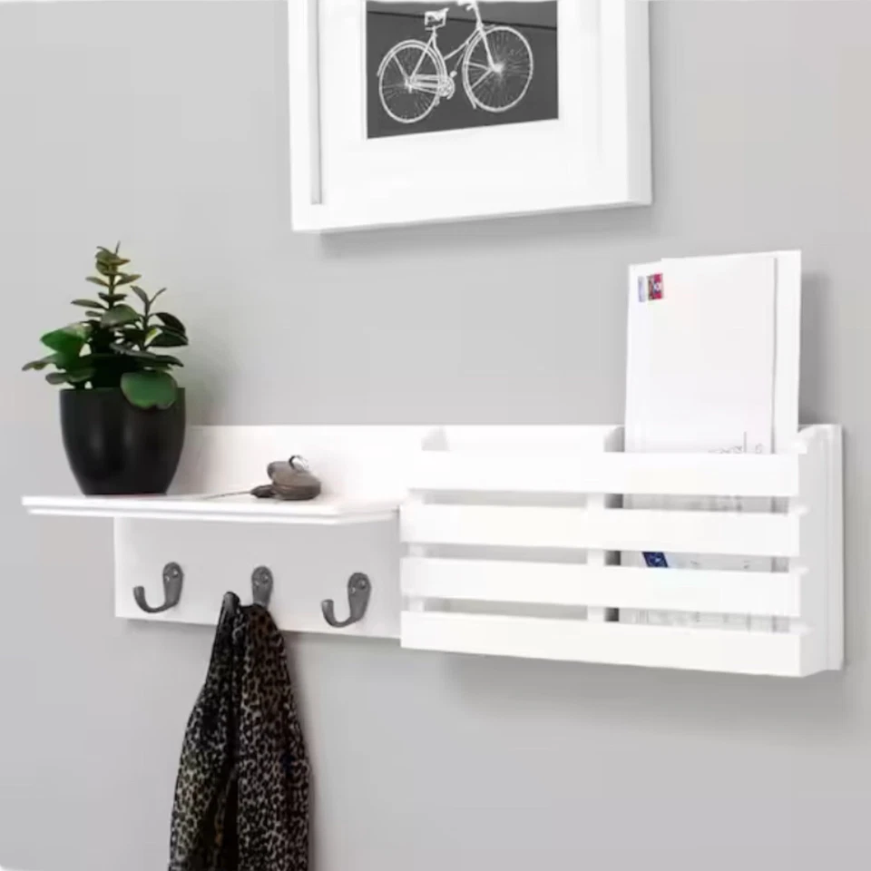 Perchero de madera de entrada soporte para correo estante de exhibición de pared ganchos de metal llaves blanco Foto 1 de 4