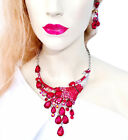 Choker Bib Necklace Earring Set Rhinestone Crystal Red
