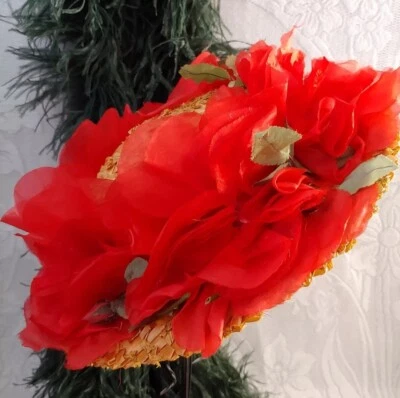 SOMBRERO DE MUJER DE COLECCIÓN🌺AMAPOLAS AÑOS 60 FABULOSO ROJO SEDA FLORAL PAJA LESLIE JAMES ¡EX! Foto 1 de 4