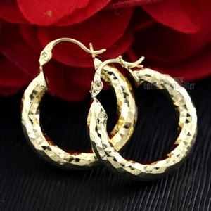 9K YELLOW GOLD FILLED STARDUST DIAMOND CUT BAND CHUNKY 25MM ROUND HOOP EARRINGS - Picture 1 of 5