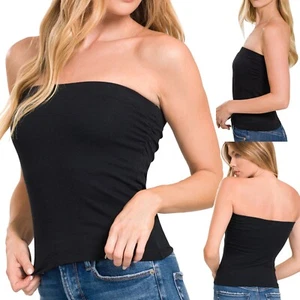 Womens Cotton Stretch Tube Top with built in Shelf Bra Strapless Soft Layering - Picture 1 of 15
