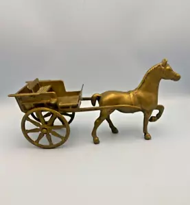 Vintage 1930s Olde English Solid Brass Horse Jib Carriage Pulling Cart Figurine - Picture 1 of 9