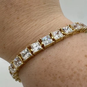 Sterling Silver Sparkly Tennis Bracelet Full UK Hallmarks 7.75” Gold Finish - Picture 1 of 10