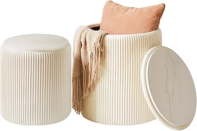 White Velvet Storage Ottoman Set of 2 – Round Vanity Stools & Side Tables - Image 1 of 4