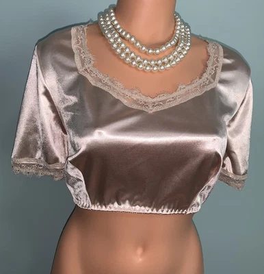 NEW Glossy Stretch Satin Crop Top 1X 42 44 Lace Accents Short sleeves - Image 1 of 4