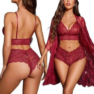 Women Lingerie Sexy Bra Thong Set Outfits Nightie Teddy Babydoll Robe with Belt - Picture 1 of 16