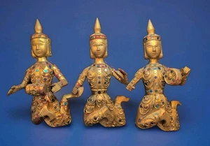 3 Vintage/Antique Thai Wood Carved Musicians Wall Sculptures Gold Gilt Glass  - Picture 1 of 24