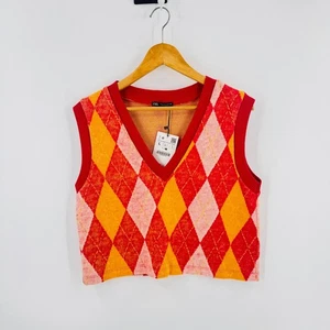 Zara Neu mit Etikett Argyle Cropped Strick Pullover Weste Colorblock Preppy Retro Größe L - Bild 1 von 6