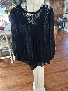 Blusa negra con ribete de encaje semi transparente manga larga talla XL Daniel Rainn para mujer - Imagen 1 de 4