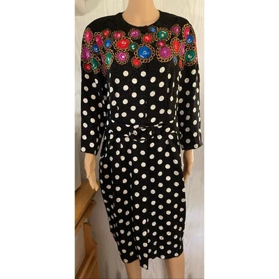 VINTAGE ADRIANNA PAPELL B & W Colorful Retro Polka Dot Silk Midi Dress Size 14 - Image 1 of 4
