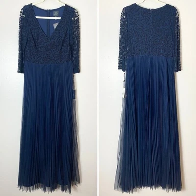 ADRIANNA PAPELL DRESS 10 GOWN NAVY BLUE BEADED LONG MAXI MESH SHEER 3/4 SLEEVE - Image 1 of 4
