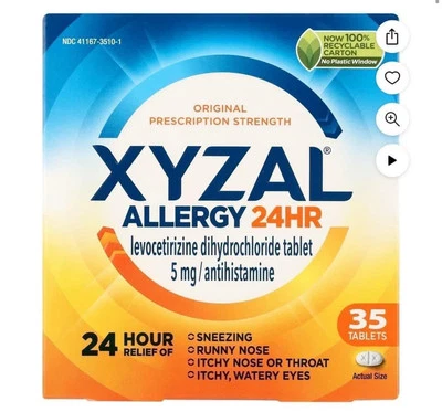 Xyzal Alivio de Alergias 24 Horas, 5 mg Levocetirizina (35 Comprimidos) x2 Exp: 09/2025  Foto 1 de 2