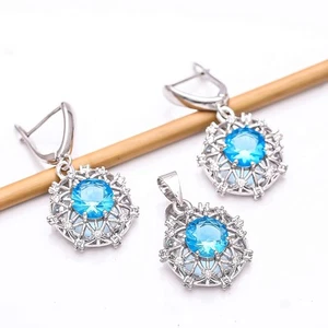 Blue Topaz & Cubic Zirconia 925 Silver Pendant Earring Set P81414 Valentine Gift - Picture 1 of 3