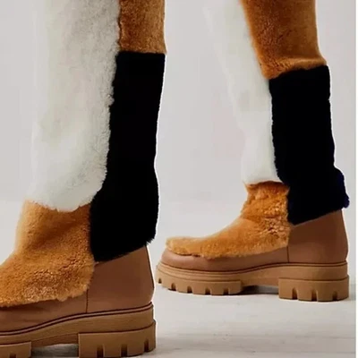 Free People Happy Thoughts Black Honey Combo Leather Shearling Boots NEW 7.5 - Image 1 of 4