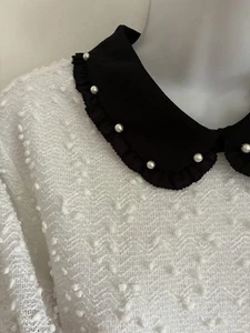 NWOT ELLE Peter Pan Pearl Collar Retro Vintage Classic Mod Blouse Top Shirt M - Picture 1 of 4
