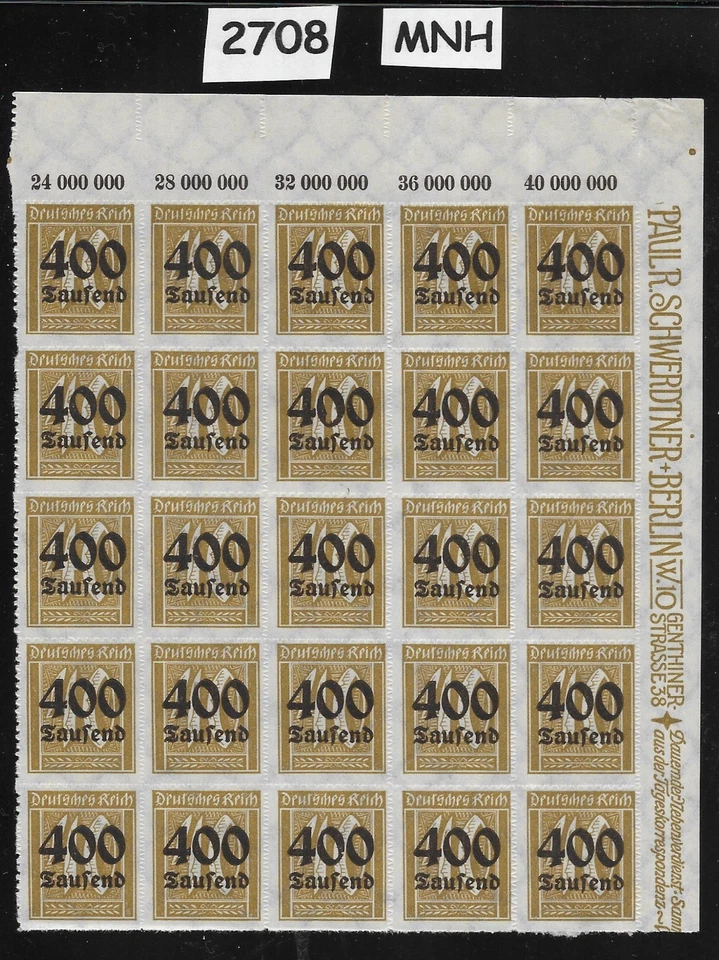 Bloque de estampillas MNH sobreimpresión 400K sobre PF40 Sc 276 República Alemana 1923 #2708 Foto 1 de 1