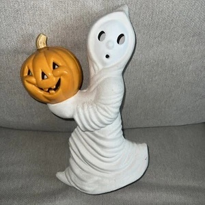12” Vintage Ceramic Halloween Ghost Holding Pumpkin Halloween Jack-o-lantern - Picture 1 of 7