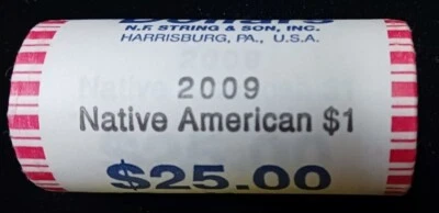2009-P Nativo Americano (Sacagawea) Dólar 25 quilates rollo rollo envuelto en banco rollo Foto 1 de 3