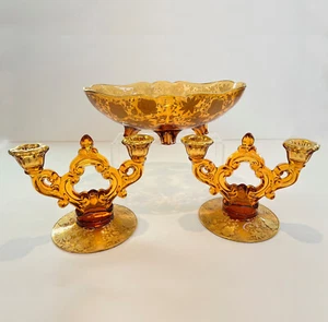 Rare Cambridge Amber Glass Candlesticks & Bowl in Wildflower 22k Gold Etching - Picture 1 of 15