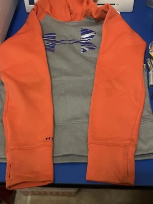 Under Armour Storm Girls Hoodie Orange Grey Silver Thumb Holes Long Sleeve Shirt - Image 1 of 2