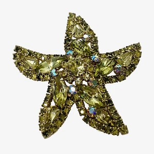 Vintage WEISS Starfish Yellow Green Brooch Rhinestone Gold Tone Costume Jewelry - Picture 1 of 11