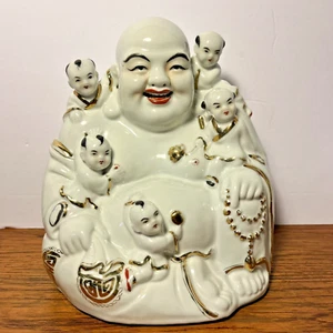 Laughing Buddha Porcelain Statue with 5 Children Budai Signed Marked Vintage 8" - Picture 1 of 17