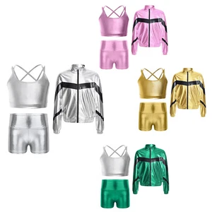 Kids Girls Set Jazz Suit Competition Outfit Workout Costume Dance Uniform Team - Picture 1 of 34